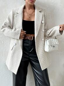 SHEIN Cottnline Plaid Lapel Neck Button Detail Blazer - بيج - مشاهدة 1