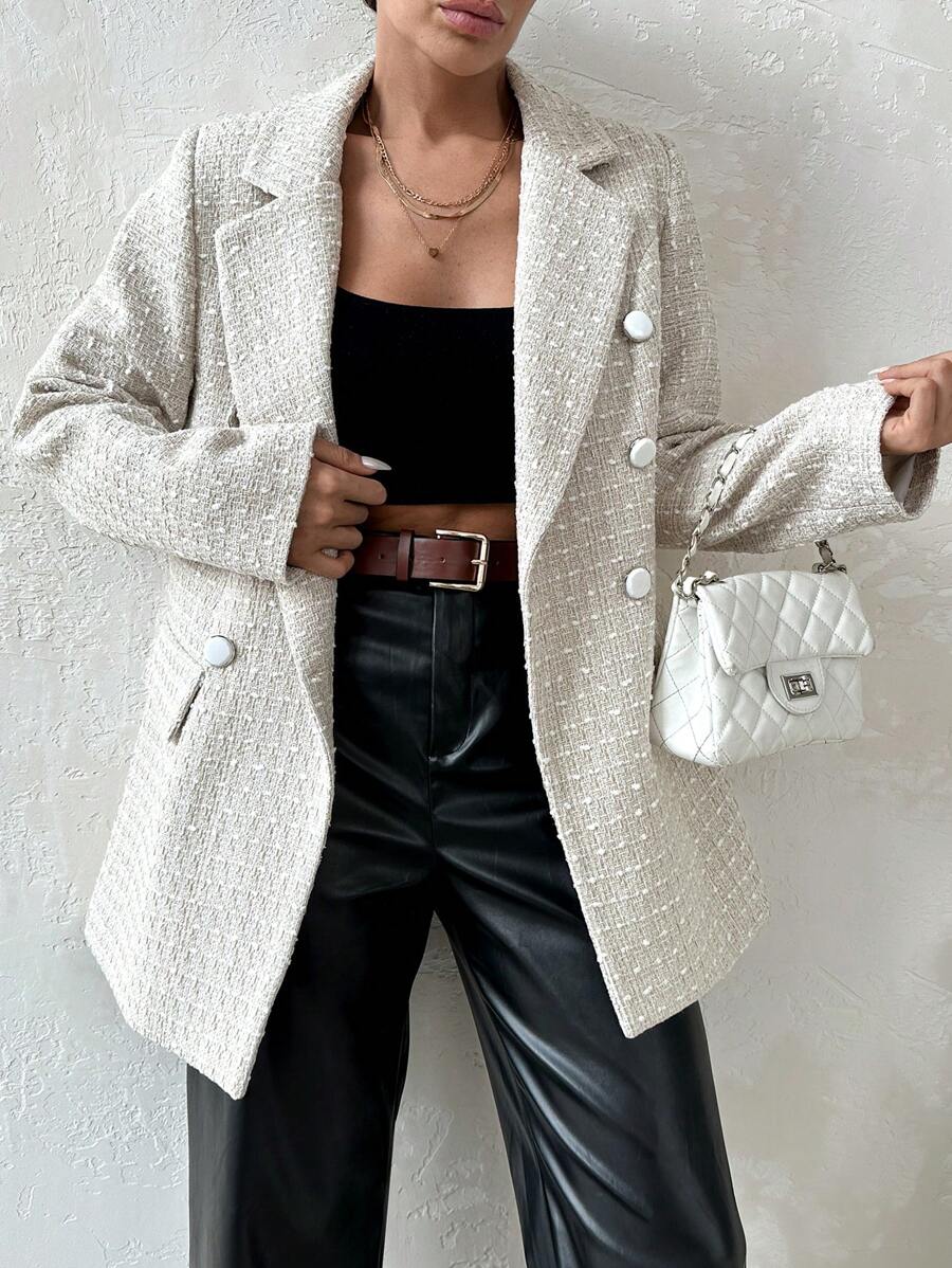 SHEIN Cottnline Plaid Lapel Neck Button Detail Blazer - بيج - مشاهدة 1
