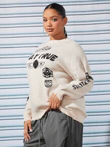 SHEIN SXY Plus Letter Graphic Drop Shoulder Distressed Trim Sweater - White - View 3