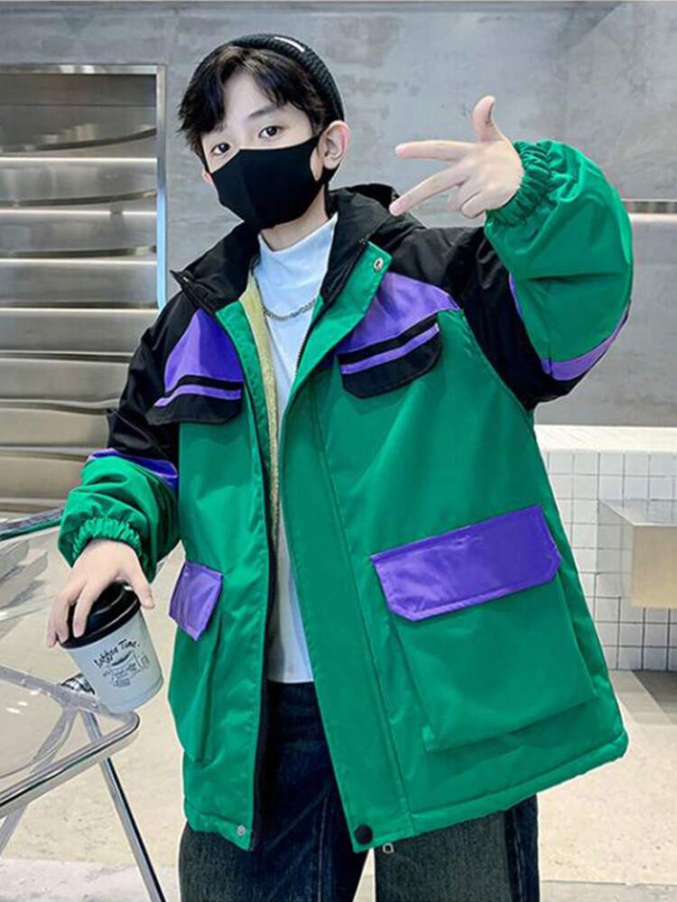 Tween Boy Colorblock Flap Pocket Hooded Coat