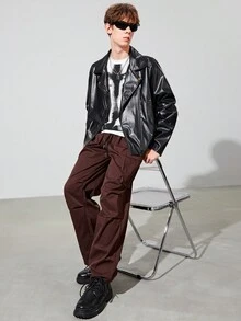 SHEIN 青少年男孩拉鏈開襟PU皮革機車夾克 - 黑色 - 查看 3