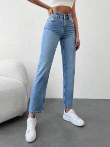 EURMUSE High Waist Straight Leg Jeans - Medium Wash - View 5