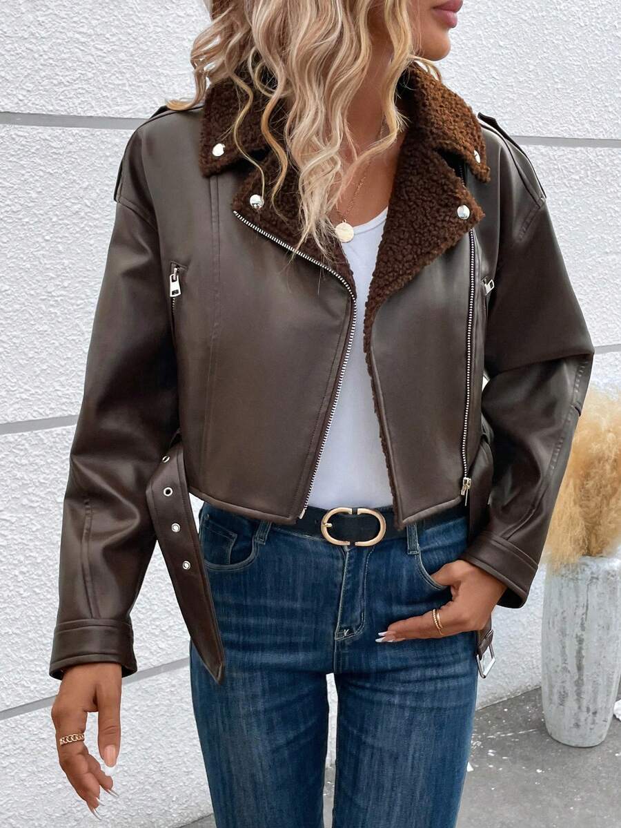 SHEIN LUNE Thả vai Lót Teddy chất liệu da PU Áo khoác moto - Rỉ Nâu - Xem 1