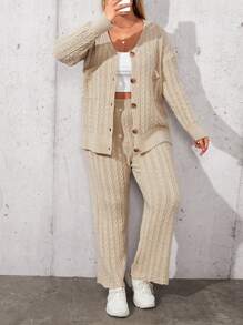 RueChic Plus Cable Knit Drop Shoulder Cardigan & Knit Pants - Beige - View 4