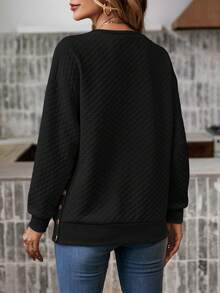 SHEIN LUNE 素色紐扣細節落肩袖運動衫 - 黑色 - 查看 2