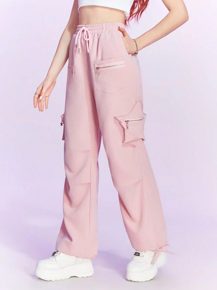 ROMWE Kawaii Pantalones cargo unicolor de cintura con cordón - Rosa - Añade 1
