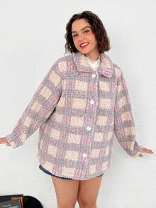 SHEIN Qutie 大碼格紋圖案落肩袖絨毛外套 - 彩色 - 查看 4