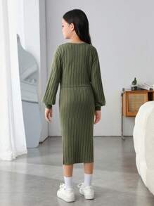 SHEIN Tween Girl Fitted College Lantern Sleeve Woolen Striped Cardigan Slit Long Tank Top Two-Piece Set - Olive Green - View 2