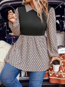 SHEIN LUNE Plus Allover Print Lantern Sleeve Peplum 2 In 1 Top - Multicolor - View 6