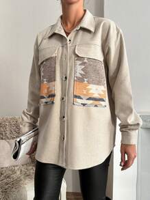 EURMUSE Graphic Print Flap Pocket Drop Shoulder Overcoat - Beige - View 5