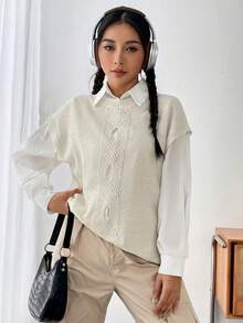 SHEIN Unity 1pc Cable Knit Sweater Vest - Apricot - View 4