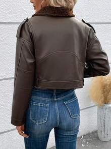 SHEIN LUNE Thả vai Lót Teddy chất liệu da PU Áo khoác moto - Rỉ Nâu - Xem 2