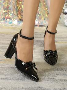 Zapatillas De Tacón Alto Negras Elegantes Para Mujeres Con Punta Afilada, Tacón Grueso, Suave Plantilla Cómoda, Diseño Hueco Con Correa - Negro - Ver 2