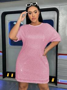 Flirla Plus Drop Shoulder Sequin Dress - Pink - View 1