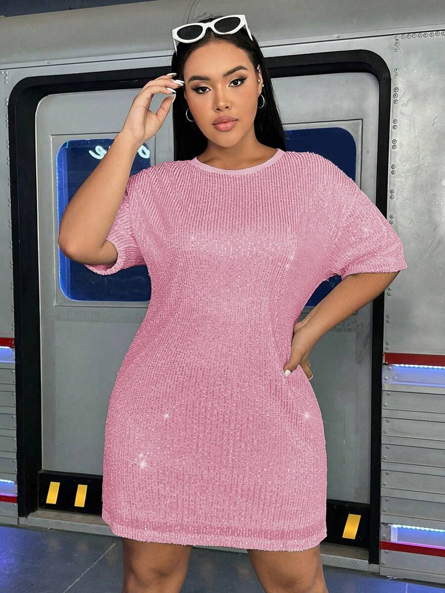Flirla Plus Drop Shoulder Sequin Dress - Pink - View 1
