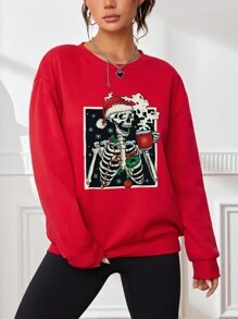 SHEIN EZwear Christmas Skeleton Print Drop Shoulder Sweatshirt - Red - View 1