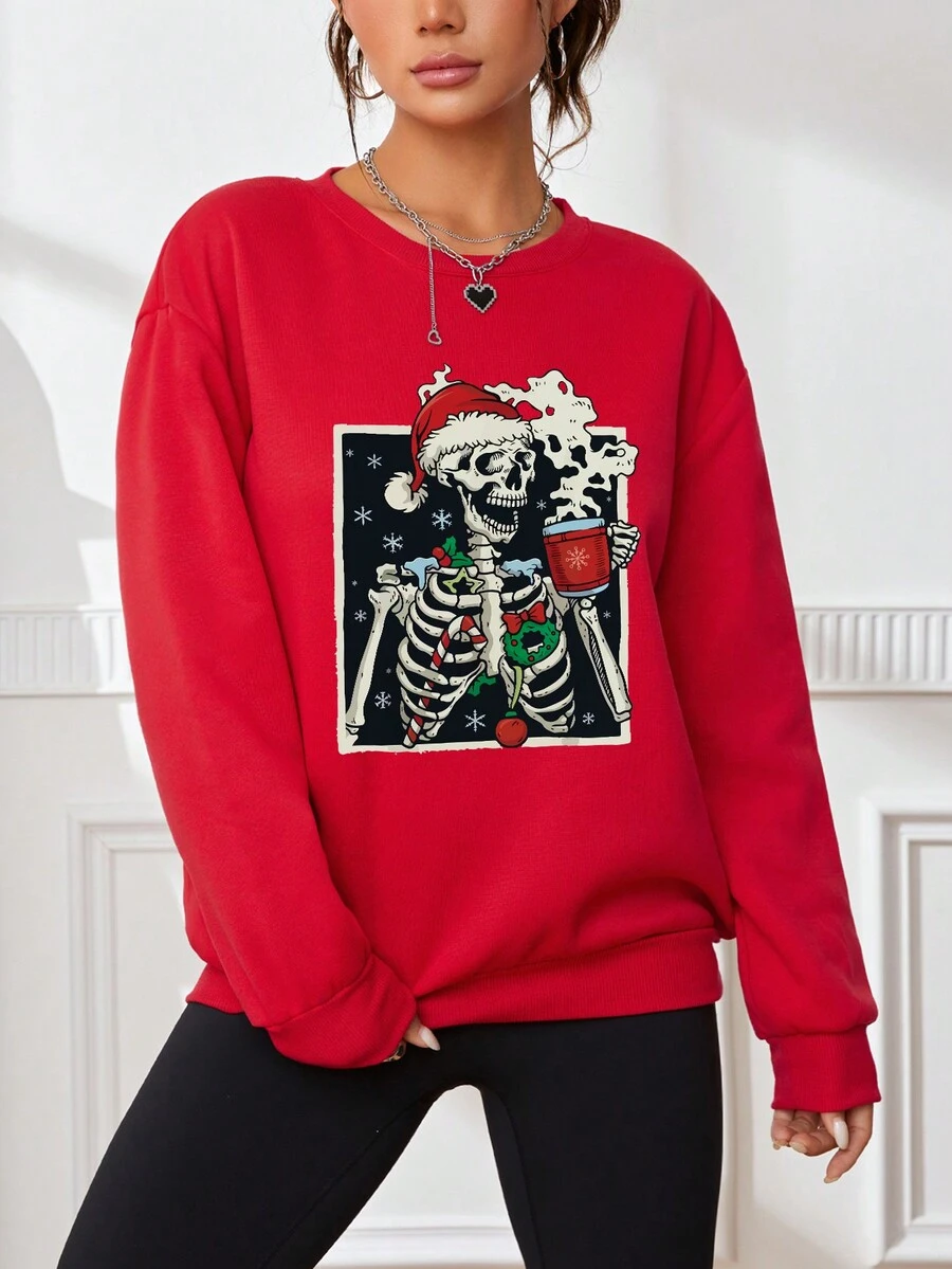 SHEIN EZwear Christmas Skeleton Print Drop Shoulder Sweatshirt - Red - View 1