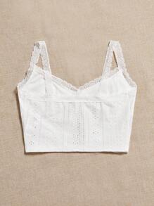 Soleia Lace Trim Ruched Bust Split Hem Cami Top - White - View 2