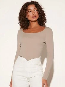 SHEIN BASICS Solid Scoop Neck Asymmetrical Hem Crop Sweater - Apricot - View 2