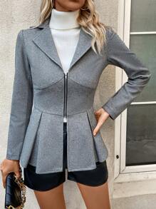 SHEIN Unity Lapel Neck Zip Up Fold Pleated Hem Jacket - Grey - View 1