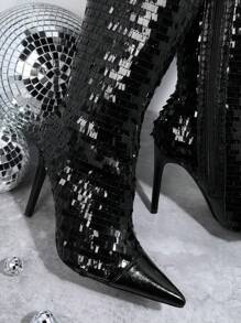SHUZIA Botas con lentejuelas cremallera lateral con tacón delgado - Negro - Ver 6