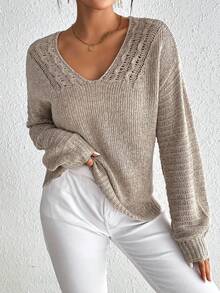 SHEIN Frenchy Solid Drop Shoulder Cable Knit V Neck Sweater - Apricot - View 4