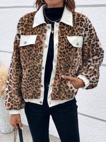 SHEIN LUNE Cazadora teddy con patrón de leopardo de hombros caídos con diseño de solapa - Marrón - Ver 2