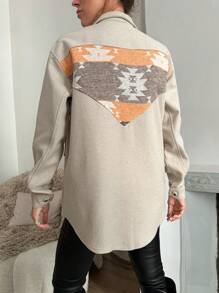 EURMUSE Graphic Print Flap Pocket Drop Shoulder Overcoat - Beige - View 2