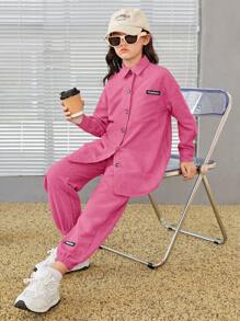 SHEIN 女大童字母貼布落肩袖燈芯絨襯衫和褲子 - 西瓜粉 - 查看 3