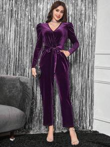 SHEIN Clasi 羊腿袖腰帶絲絨連身褲 - 紫色 - 查看 3