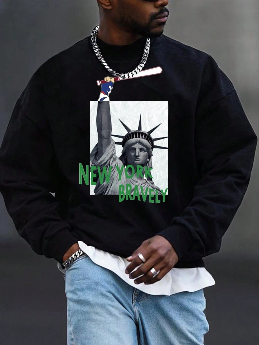 Manfinity Homme Loose Fit Men's Statue Of Liberty & Letter Print Sweatshirt - Black - View 1