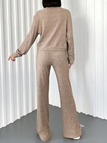 EURMUSE Women's Round Neck Long Sleeve Top And Split Hem Pants Two-Piece Set - Camel - View 2