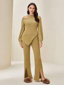 Modelyn Conjunto de 2 piezas con top de manga farol de cuello asimétrico y pantalones con bajo dividido sin cinturón - Amarillo - Ver 3