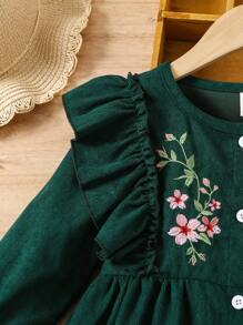 SHEIN Vintaside Kids Young Girl Floral Embroidery Ruffle Trim Flounce Sleeve Button Front Cord Dress Dark Green Dress For Young Girl