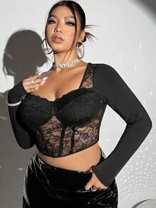 SHEIN ICON 大碼雞心領口拼接蕾絲短款T恤 - 黑色 - 查看 6