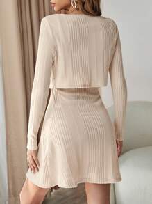 Firerie 2pcs Women Set: Solid Color Front Button Long Sleeve Jacket And Spaghetti Strap Dress - Apricot - View 2