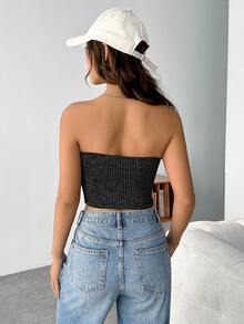 SHEIN EZwear 前扭結短款抹胸上衣 - 黑色 - 查看 2