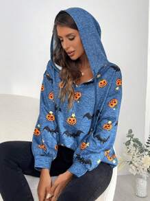 SHEIN LUNE Bản in Halloween Thả vai Dây rút Hoodie - Màu xanh hải quân - Xem 3