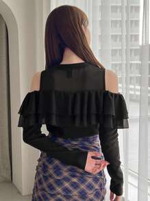 FRIFUL 網紗拼接挖肩荷葉邊T恤 - 黑色 - 查看 2