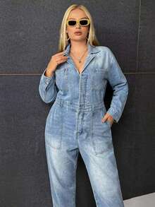 CovetEZ Hơn Dây kéo Túi nghiêng Denim Áo liền quần - Rửa nhẹ - Xem 5