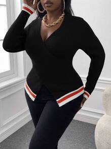 Slaydiva Plus Striped Trim Crossover Sweater