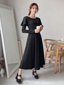 FRIFUL 素色荷葉邊A字洋裝 - 黑色 - 查看 3