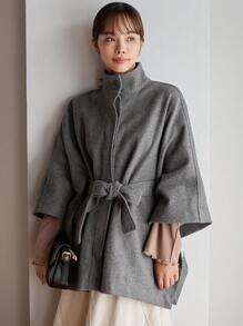 FRIFUL 斗篷袖腰帶花呢外套 - 灰色 - 查看 7