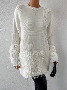 EURMUSE Fuzzy Panel Drop Shoulder Sweater Without Belt - White - View 5