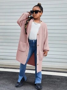 SHEIN Cô gái Tween Thả vai Vá Túi Nút phía trước Áo len Mở - Hồng - Xem 5