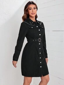 SHEIN LUNE Vestido De Mezclilla Con Cinturón, Bolsillo Con Solapa Y Tachuelas