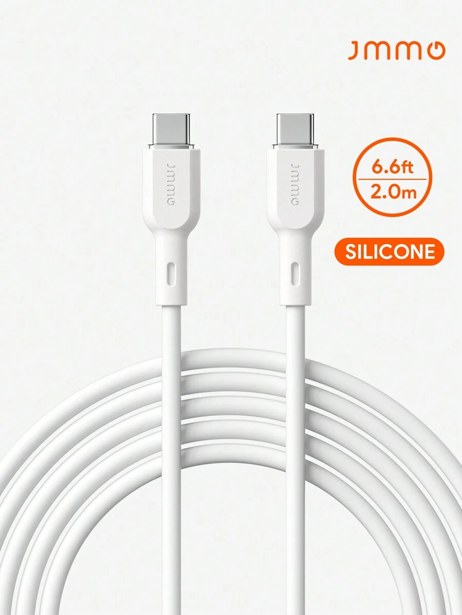 JMMO Type-C 型数据线，硅胶 USB Type-C 转 USB Type-C 充电器数据线，硅胶超柔软电源快速充电 6.6FT/2M 圣诞礼物，秋冬必备品 - 白色 - 查看 1