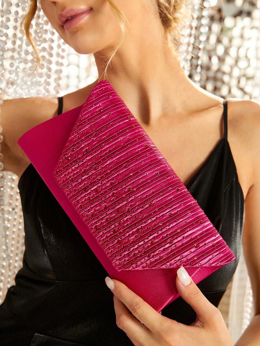 SHEIN Belle Ladies' Clutch Bag With Pink Rhinestone Inlay, Flip Cover Design, Simple And Fashionable, Multi-function - Red - View 1