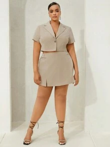 SHEIN SXY Hơn Nút đơn Crop Blazer & Chân Váy xẻ - Màu Khaki - Xem 3