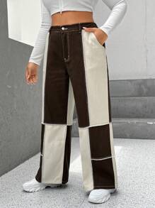 SHEIN EZwear Hơn Khối màu Khâu trên cùng quần ống rộng Quần jean - Nhiều màu - Xem 1